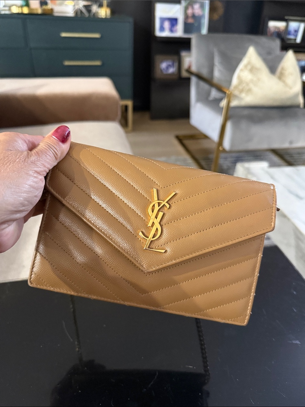 Saint Laurent Camel Quilted Leather Envelope Wristlet with Gold YSL